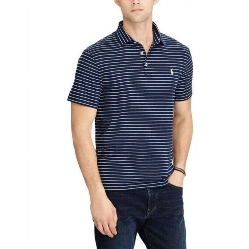 Polo Ralph Lauren NAVY STRIPE Men's Striped Polo Neck Collar Shirt Pima Cotton M